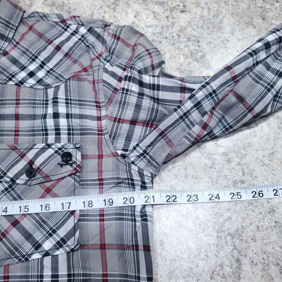 Decoded Shirt Men Medium Long Sleeve Brown Button Up Skull Logo Skater Check Top - Picture 4 of 11